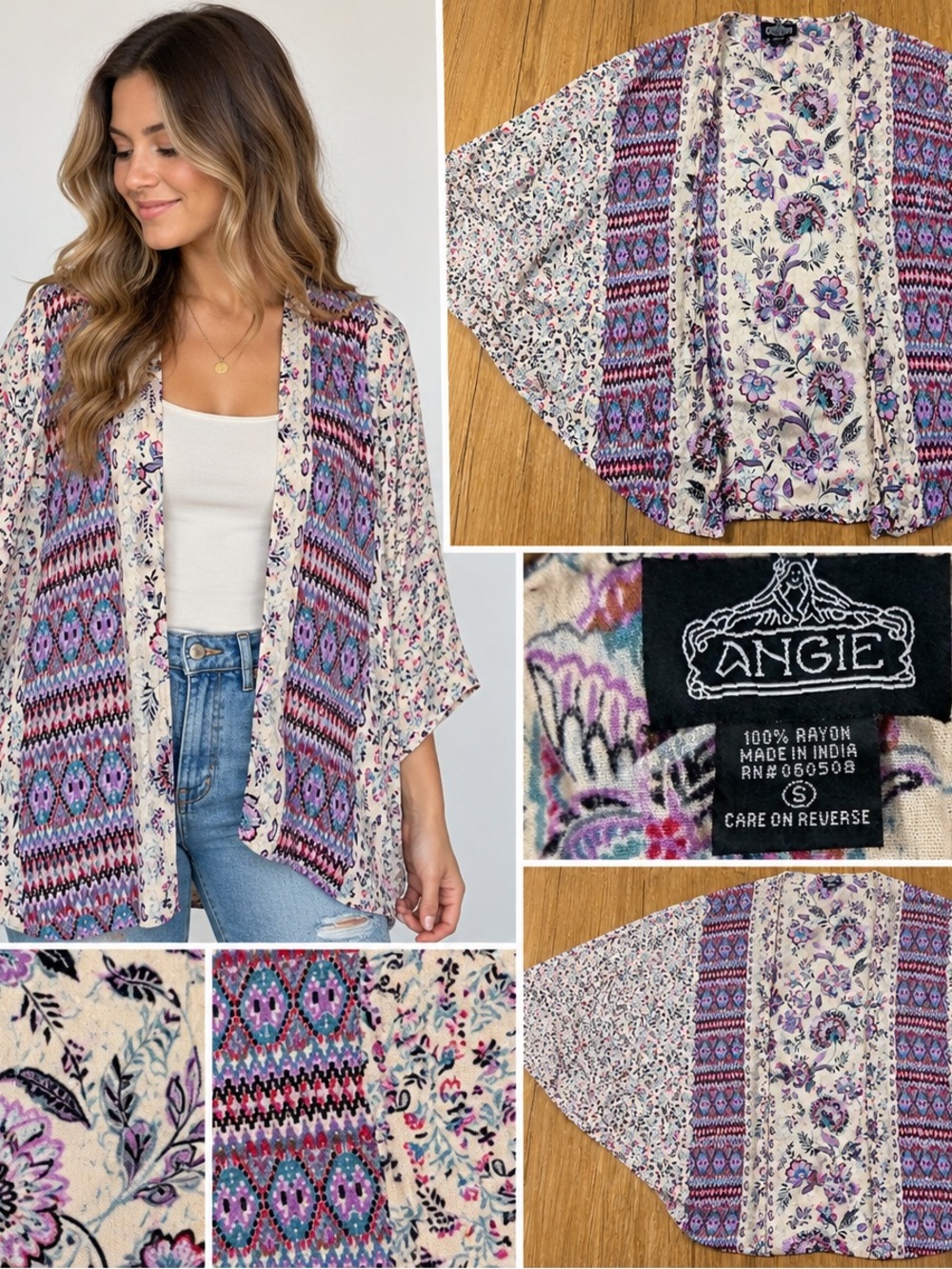 Angie Womens S Boho Floral Geometric Kimono Open Front Batwing Rayon Cardigan